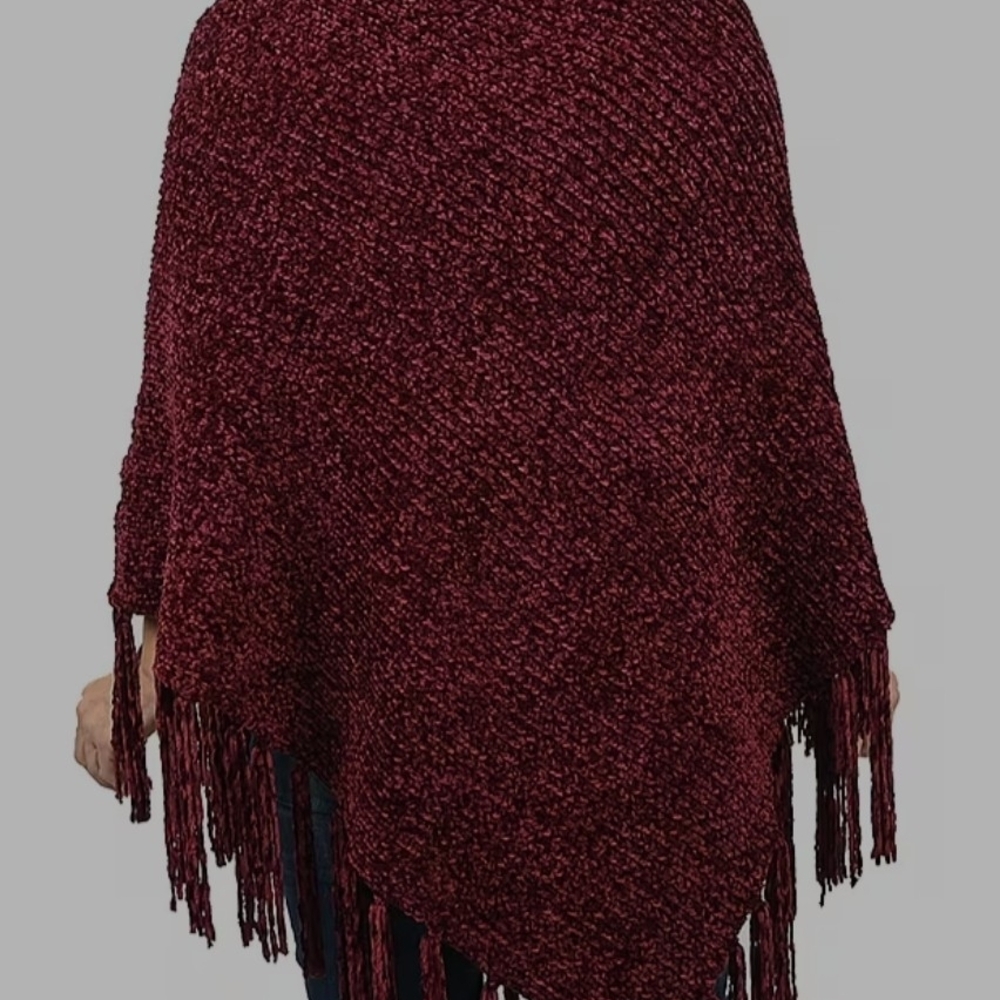 Maroon Knit Poncho with Fringe